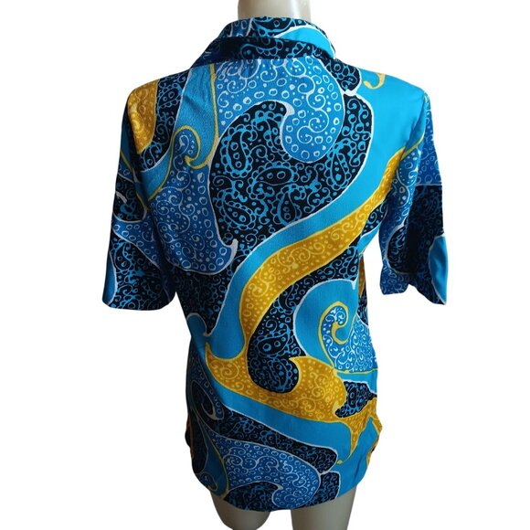 Women's Large Vintage Psychedelic 70s Top Button-Up Shirt Swirl Pattern Pykettes - Picture 7 of 8
